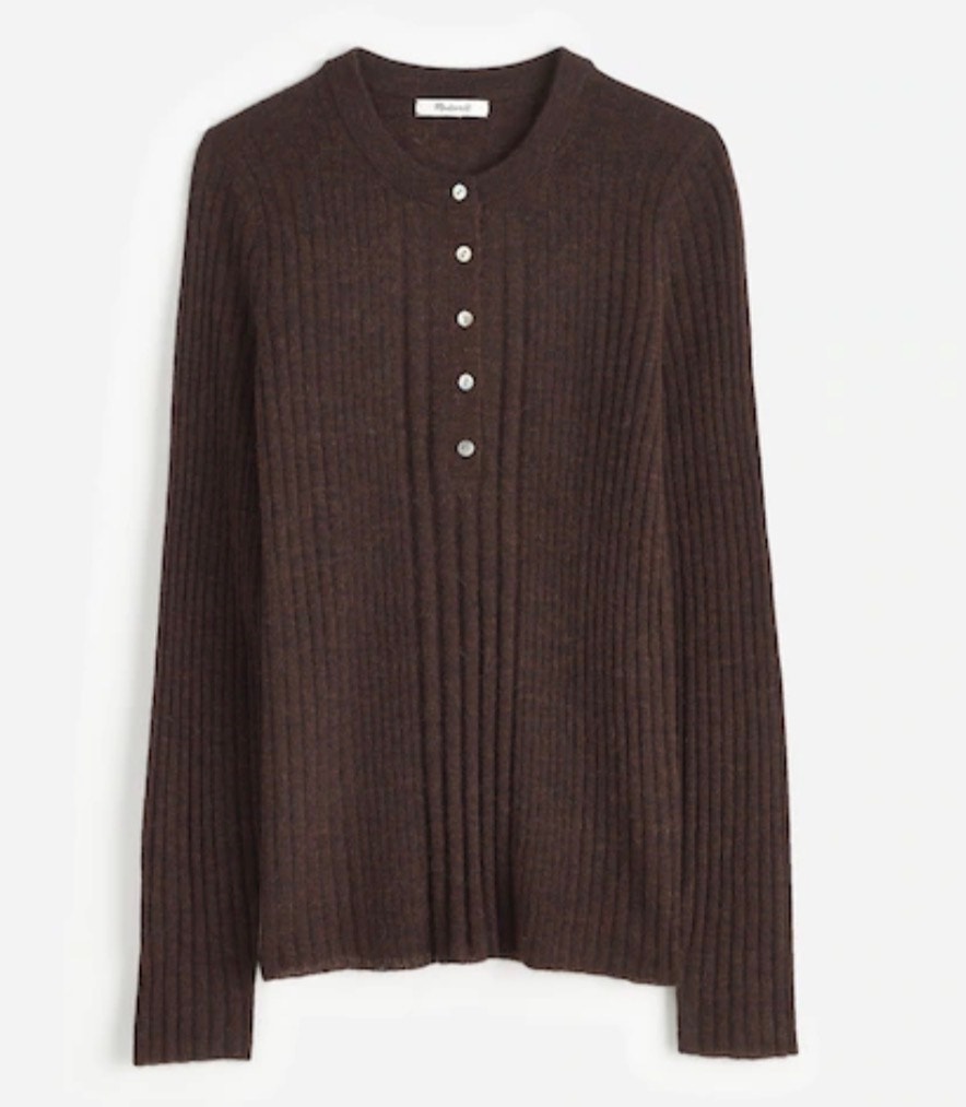 Madewell Alpaca-Blend Henley Sweater Brown Stretch Classic Sz L